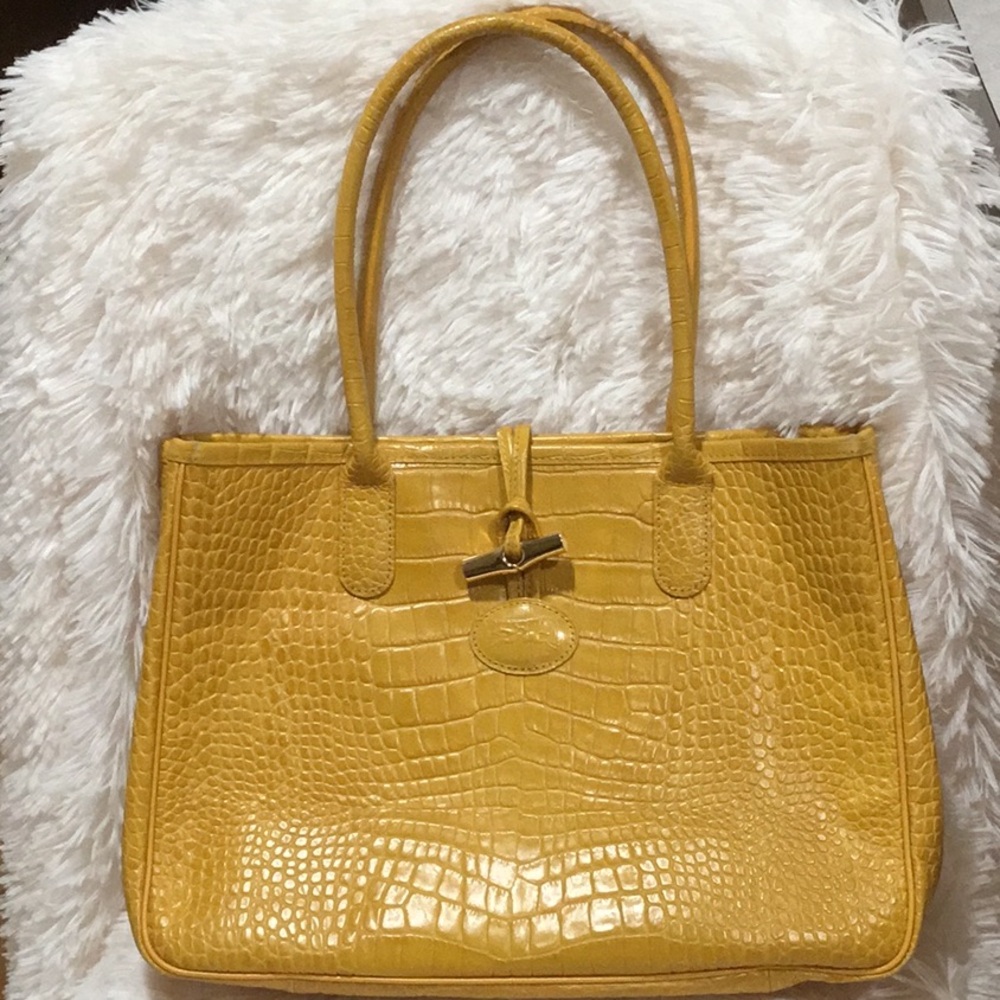 Longchamp Yellow Crocodile-Embossed Shoulder Bag